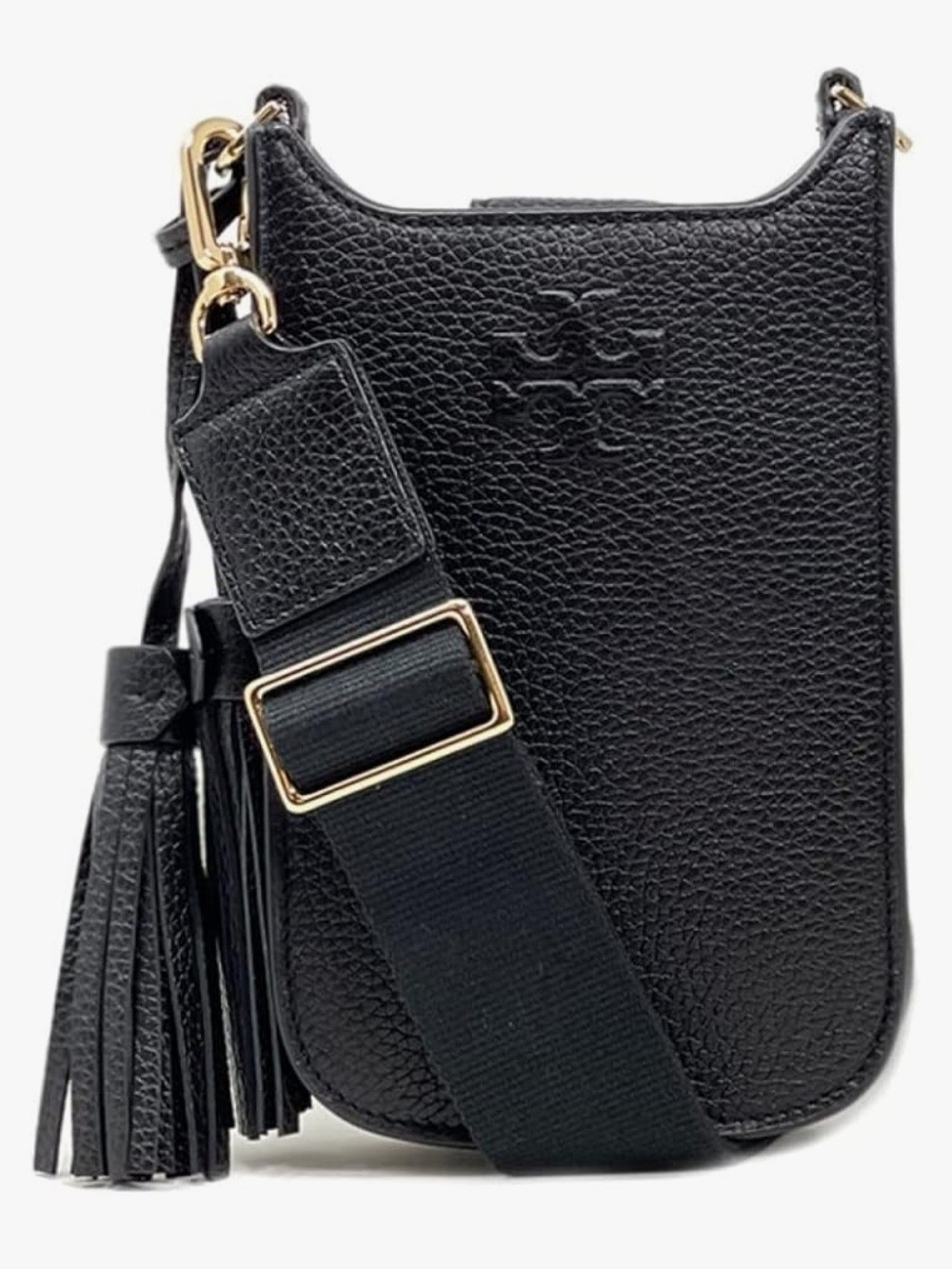 Tory Burch Black Thea Pebbled Leather Crossbody Phone Bag with Tassel